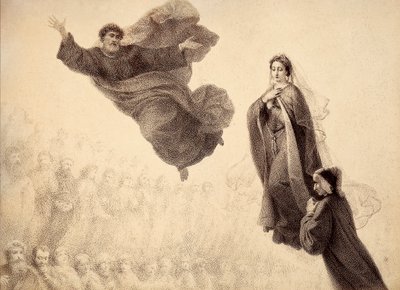 Dante och Beatrice möter Sankt Petrus. Illustration av Canto XXIV i Paradiso i Den gudomliga komedin av Dante Alighieri. Francesco Scaramuzzas verk tillägnat Florens kommun. av Unbekannter Künstler