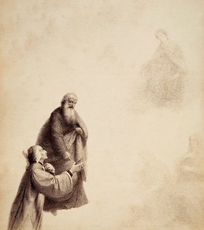 Dante, assisterad av Sankt Bernhard, ser Beatrice sitta på en tron bland de välsignade, i en gloria av ljus. Illustration av Canto XXXI i Paradiso i Den gudomliga komedin av Dante Alighieri. Francesco Scaramuzzas verk tillägnat Florens kommun. av Unbekannter Künstler