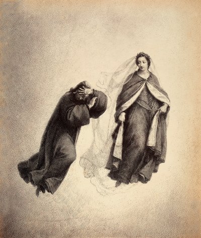 Dante täcker sitt ansikte med händerna, överväldigad av Beatrices blick, så full av gudomlig kärlek. Illustration av Canto IV i Paradiso i The Divine Comedy av Dante Alighieri. Franceso Scaramuzzas verk tillägnat Florens kommun. av Unbekannter Künstler