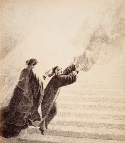 Dante, som drivs av ett enkelt tecken från Beatrice, bestiger den gyllene stegen efter de välsignade andarna. Illustration av Canto XVII i Paradiso i Den gudomliga komedin av Dante Alighieri. Francesco Scaramuzzas verk tillägnat Florens kommun. av Unbekannter Künstler