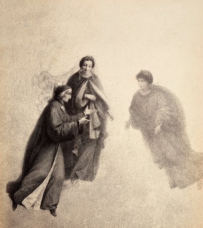 Dante, påhejad av Beatrice, talar med en from ande. Illustration av Canto V av Paradiso av The Divine Comedy av Dante Alighieri. Verk av Franceso Scaramuzza tillägnat Florens kommun. av Unbekannter Künstler