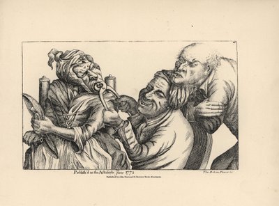 Tandläkare skrattar när han med hjälp av en tång drar ut en dålig tand ur munnen på en gammal kvinna. Kopparstick efter en satirisk illustration av Timothy Bobbin (John Collier) (1708-1786) från Human Passions Delineated, John Haywood, Manchester av Unbekannter Künstler