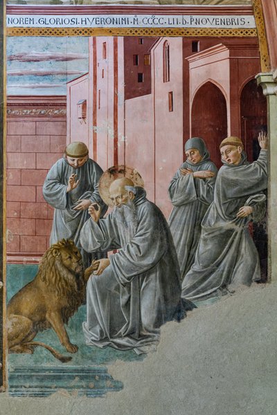 Detalj med St. Hieronymus som tar taggen från lejonets tass, St. Hieronymus kapell av Unbekannter Künstler