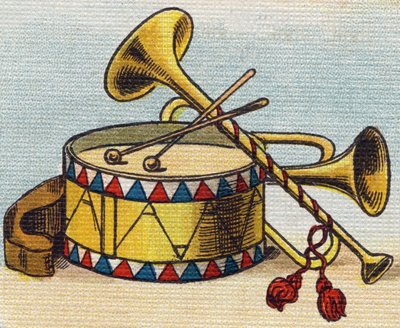 Trumma och trumpet. Gravyr i "Alphabet de ma petite fille". Bernardin-Bechet och Fils, bokhandlare-förlag, Paris, omkring 1895. Okrossbart album på duk. Bibliotheque des Bebes. 12 sidor. Album innehållande en läsmetod och en illustrativ abeceda av Unbekannt