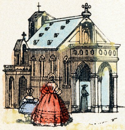 E - Eglise - Alfabetet - barnunderhållning - Bildepinal, populär serie c.1890 (illustration) av Unbekannt