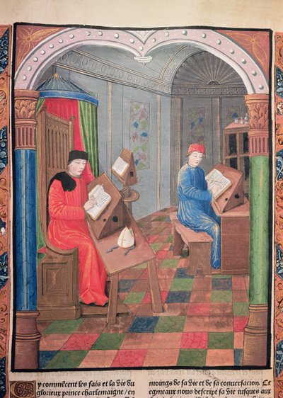 Einhard och ärkebiskop Turpin skriver Karl den stores historia, från "Chroniques de France" av Unbekannter Künstler
