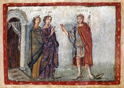 Avsnitt ur Vergilius Aeneiden (70-19 f.Kr.): framställning av Aeneas och Dido. Dido försöker hålla tillbaka Aeneas. Dido grips av förtvivlan och begår självmord. Miniatyr hämtad från "Codex Vaticanus Latinus 3225 eller Vergilius Vaticanus" folio 36. 500-ta av Unbekannter Künstler
