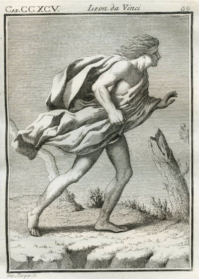 Etyd av en man som går mot vinden, med sina kläder och hår ruggade av vindbyarna och kroppen framåtlutad. Gravyr från "" Treat of Painting "" av Leonardo da Vinci (Leonard de Vinci) (1452-1519). "" Avhandling om målningen av Liona av Unbekannt