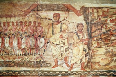 Exodus och korsning av Röda havet, fresk från synagogan i Doura (Dura) Europos, 244-245, och förvarad på Damaskus nationalmuseum. Foto taget på Jewish Museum i New York under en utställning. av Unbekannt