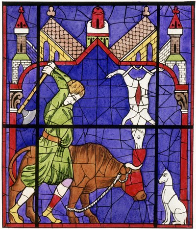 Faksimil av ett målat glasfönster i katedralen Notre-Dame de Chartres föreställande en slaktare av Unbekannter Künstler