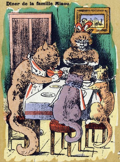 Familjemiddag mjau. Illustrerat alfabet. Bilder återförenades i Jarville-Nancy, början av 1900-talet. Mått: 40 x 29 cm. Litografi på en bistre bakgrund av Unbekannt