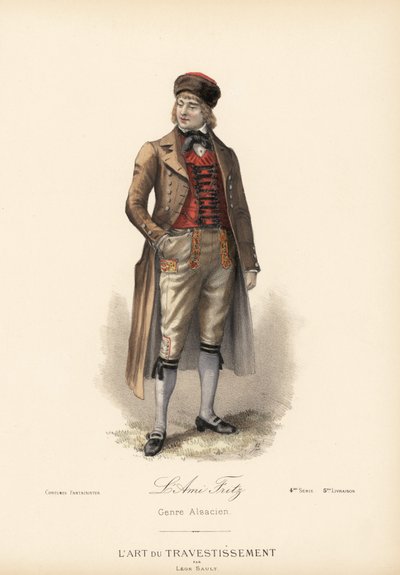 Maskeraddräkt för schäfer för Ami Fritz (karaktären Fritz Kobus från romanen av Erckmann-Chatrian). Ridrock, väst i kashmir, trosor och pälsmocka. Handkolorerad litografi efter en design av Leon Sault från "L