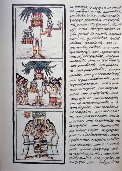 Festival of Toxcatl och hans offer, Bok II av Florentine Codex, Tvåspråkig version på spanska och Nahuatl, Allmän historia om det nya Spaniens saker (Historia general de las cosas de Nueva Espana), Aztekisk civilisation av Benjamin Baud