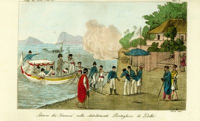 Första ankomsten till den portugisiska bosättningen i Dille, Timor, nu Dili, Östtimor av Unbekannt