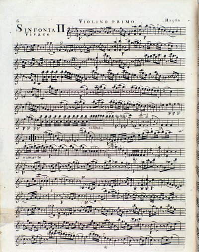 Första sidan av partitur för violin i symfoni nr 2 av J Haydn av Unbekannter Künstler