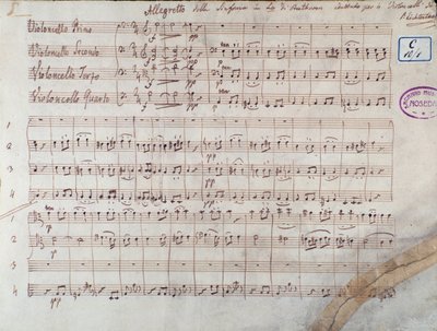 Första sidan av partituren för fyra cellos av Symphony n. 7 sv A-dur, op. 92, av Ludwig van Beethoven av Unbekannter Künstler