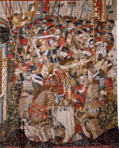 flamländsk gobeläng. Serien Det trojanska kriget. Akilles död (Muerte de Aquiles). Åttonde gobeläng i serien. Modell Coëtivy Master (Henry eller Conrard de Vulcop). Tillverkar Tournai-verkstäder. Ca 1470. Tyg Ull och siden, 6/7 varp per cm. Storlek 482 x 9 av Unbekannt