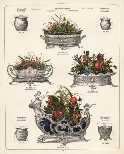 Blomsterställ, blomfat, vaser och jardinieres. Litografi från en katalog över metallprodukter som tillverkas av Wuerttemberg Metalware Factory, Geislingen, Tyskland av Unbekannter Künstler