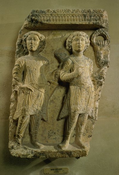 Fragment av en basreliefplakett föreställande två soldater, från Palmyra, 2:a århundradet (sten) av Unbekannt
