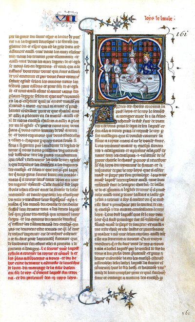Den franske kungen Ludvig av Stammen (846-879) träffar påven Johannes VIII inför sin kröning 877, illumination från "Grandes Chroniques de France de CharlesV", ca 1375-1380 av Unbekannter Künstler