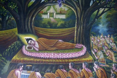 Fresk som visar Buddhas intåg i nirvana i Wat Chiang Mun, Chiang Mai. Buddhas inträde i parinirvana. Thailand av Unbekannt