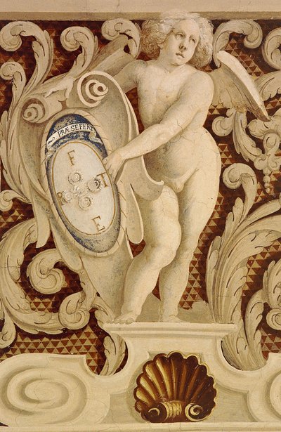 Fresker av Baronial Hall (1400-talet), detalj, Della Manta slott, Manta (Cuneo), Piemonte, detalj, Italien av William M. Timlin