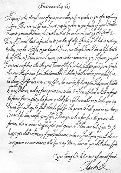 Vänligt brev från Charles I till hans brorson, prins Maurice, skrivet i Newtown, Powys, Wales, 20 september av Unbekannt