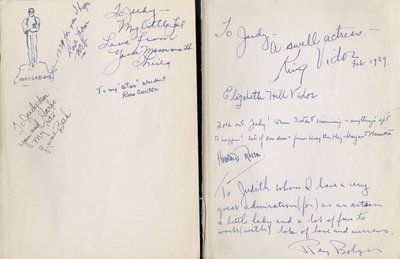 Fria framsidor av "Trollkarlen från Oz" av Frank L. Baum, inskrivna till Judy Garland av skådespelare och besättningsmedlemmar i filmen av Unbekannt