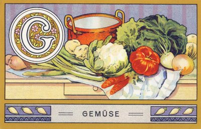 G: Grönsak - Alfabetet Palmine. Serie av kromolitografier redigerade av H. Schlinck & Cie, Hamburg, sid. d. . Annons för Palmins finaste kokosfett. Mått: 7 x 11 cm av William M. Timlin