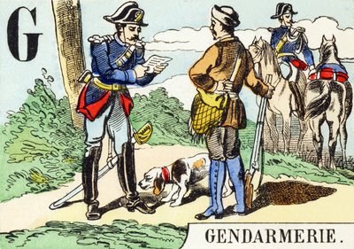G : Gendarmeri - Jaktalfabetet, ca 1890 (gravyr) av Unbekannt