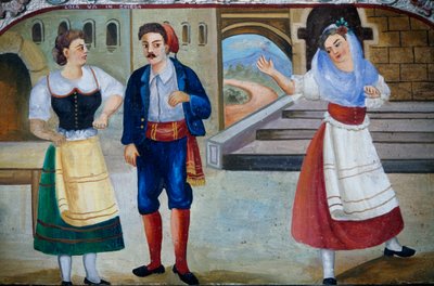 Galant scen med utklädda karaktärer, träpanelmålning, sicilianskt hantverk, Sicilien, Italien, Detalj av William M. Timlin