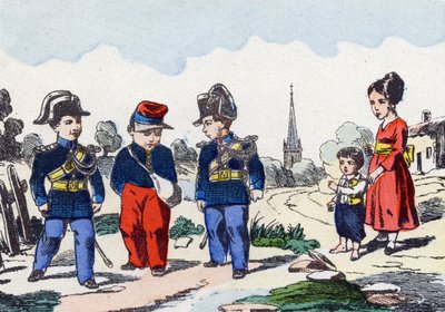 Gendarmer. Gravyr i "Barns militäralfabet"". Bildspråk av Pont-a-Mousson, cirka 1890. 20 sidor. Sol: 28,5x21cm av Unbekannt