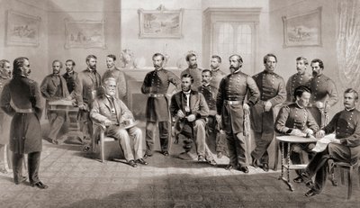 General Ulysses S. Grant (sittande mitten till höger) och general Robert E. Lee (sittande mitten till vänster) med sin respektive personal vid Appomattox Courthouse, Virginia där general Lee överlämnade Army of North Virginia och därmed avslutade det ameri av Unbekannt