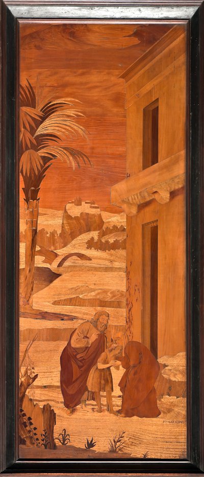 Genua, Duomo (St Lawrence Cathedral), inuti, absid, kör, norra sidan: "S:t Johannes Döparen tar ledigt från sin familj", träintarsia av Vincenzo e Tommaso Garassino (XIX-talet) av Unbekannter Künstler
