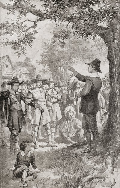 George Fox predikar för en folkmassa i Maryland, Amerika, 1671 under ett fyra dagar långt möte med lokala kväkare. George Fox av Unbekannter Künstler