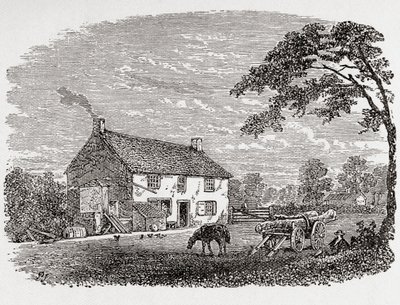 George Stephensons födelseplats. George Stephensons hem i en stenstuga från 1700-talet, Wylam, Northumberland, England, som här ses på 1800-talet. Från Great Engineers, publicerad ca 1890 (svartvit gravyr) av Unbekannter Künstler