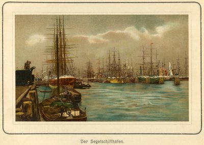 Tyskland, Hamburg, hamnen för segelfartyg, litografi från : "Ansichten-Album Hamburg" (vyer från Hamburg), utgiven av C. Schneider, Berlin NW., ca 1890 (litografi) av Unbekannter Künstler