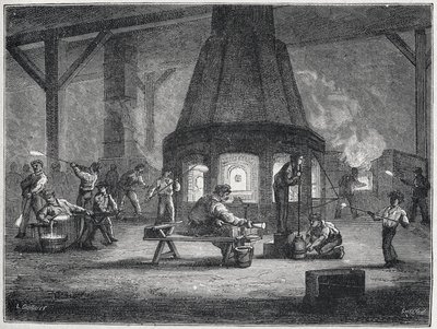 Glastillverkning under andra halvan av 1800-talet: barn arbetar, ca 1880 (gravyr) av Unbekannter Künstler