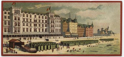 Grand Hotels: exteriör vy av Hotel de la Plage i Oostende, Belgien - Karta över en serie som presenterar hotellen i "Compagnie Internationale des Grands Hotels", sent 1800-tidigt 1900-tal av William M. Timlin