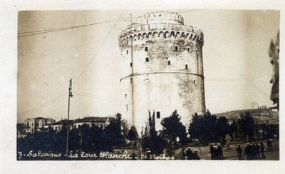 Grekland, Saloniki (eller Thessaloniki): utsikt över Vita tornet - Vykort 1914-1918 av William M. Timlin