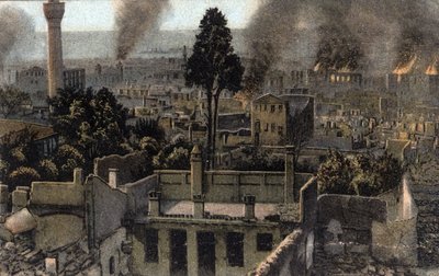 Grekland, Saloniki (eller Thessaloniki): utsikt över den övre staden delvis bränd, troligen under branden 1917 - Vykort 1914-1918 av Unbekannter Künstler