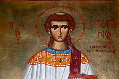 grekisk-ortodox kristendom; ikon av Saint Stefanos i kyrkan Agios Stefanos; Lesbos; Egeiska havet; Grekland; Europa av Unbekannt