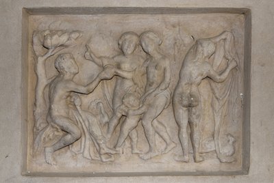 Grekisk mytologi: Parisdomen. Herden Paris måste välja den vackraste av de tre gudinnorna från Afrodite (Venus), tillsammans med Amor, Hera (Junon) och Athena (Minerva). Han väljer Afrodite som han erbjuder ett gyllene äpple. Lättnad av Unbekannt