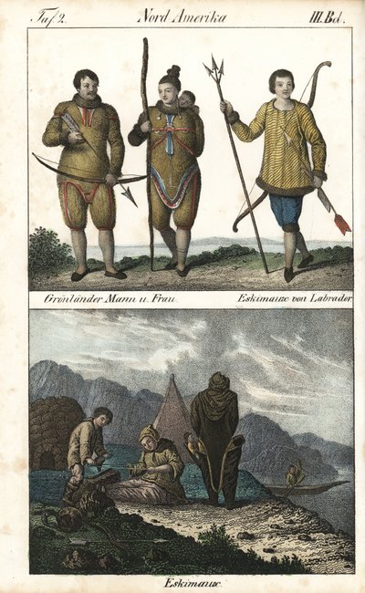 Grönlandsbor med skinn och en inuit från Labrador (Kanada) med en treudd. Nedan visas en vardagsscen med en inuitfamilj framför en igloo, ett tält och en kanot, Nordamerika. Litografi för boken: "Galerie complete en tableaux fideles des av Unbekannter Künstler