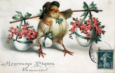 Gratulationskort för påsk: en brud som bär ägg fyllda med rosor - Vykort daterat 1908 av Unbekannt
