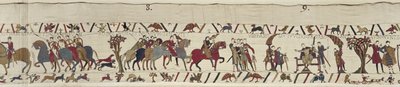 Guy of Ponthieu tar Harold som fånge till slottet Beaurain, Bayeux Tapestry (ullbroderi på linne) av Unbekannt