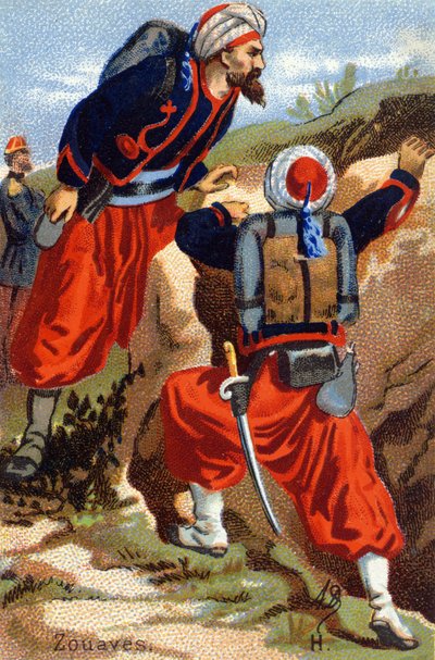 H: Zouaver. Gravyr i "Militäralfabetet". Illustratörens initialer: A. D. Okänd utgivare. Kromolitografier från slutet av 1800-talet. Mått: 10,5x7 cm. av Unbekannt