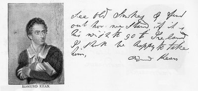 Handskrift och signatur av Edmund Kean (penna och bläck på papper) av Unbekannt