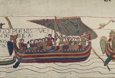 Harolds skepp sprängs till greve Guy av Ponthieu, Bayeux Tapestry (ullbroderi på linne) av Unbekannt