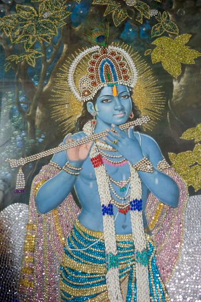 hinduism; målning av Lord Krishna med flöjt; Durgiana Mandir Vishnu-templet; Amritsar; Punjab; Indien; Sydasien; Asien av Unbekannt